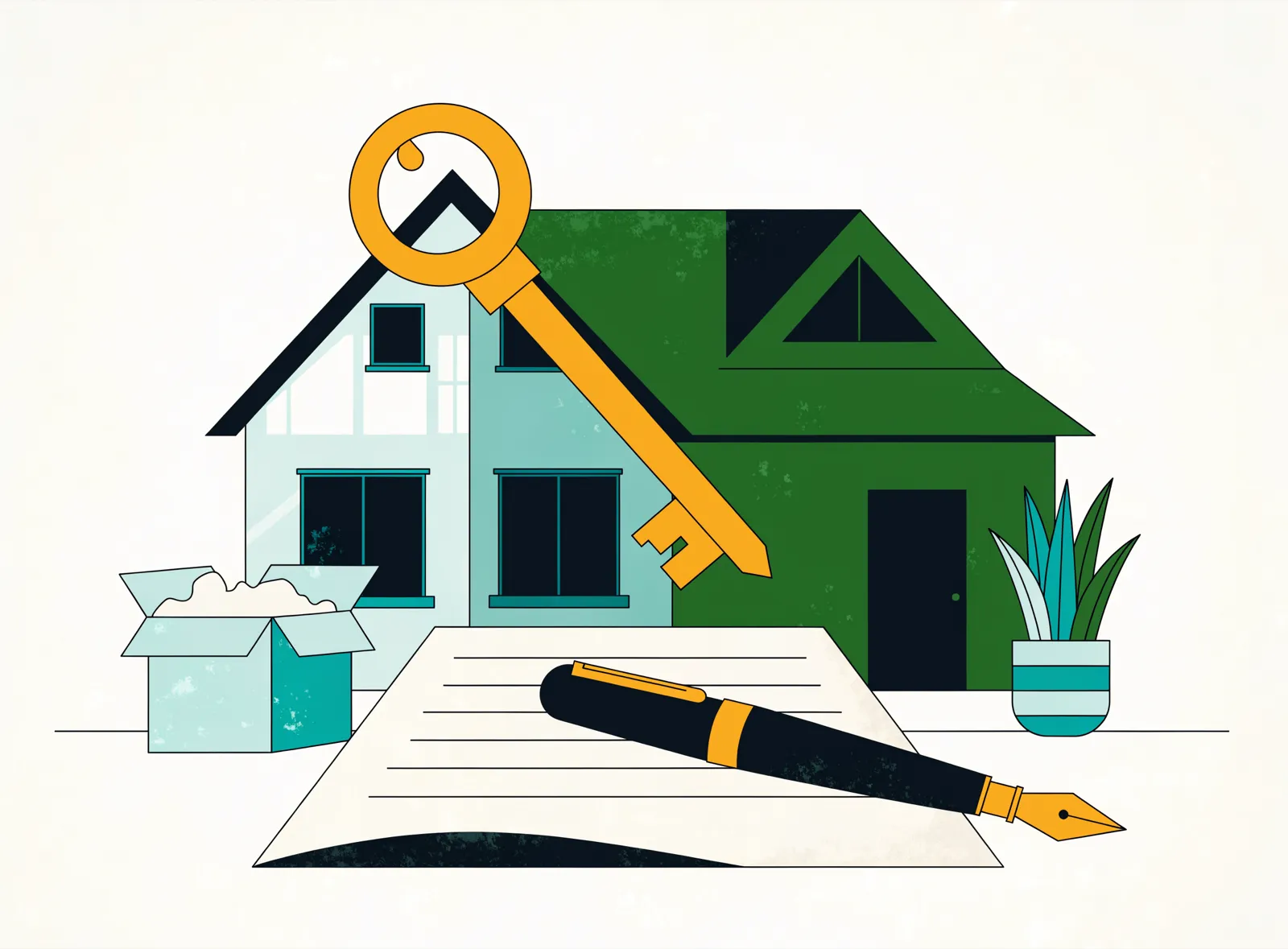 Illustration: Haus mit großem Schlüssel und Kaufvertrag