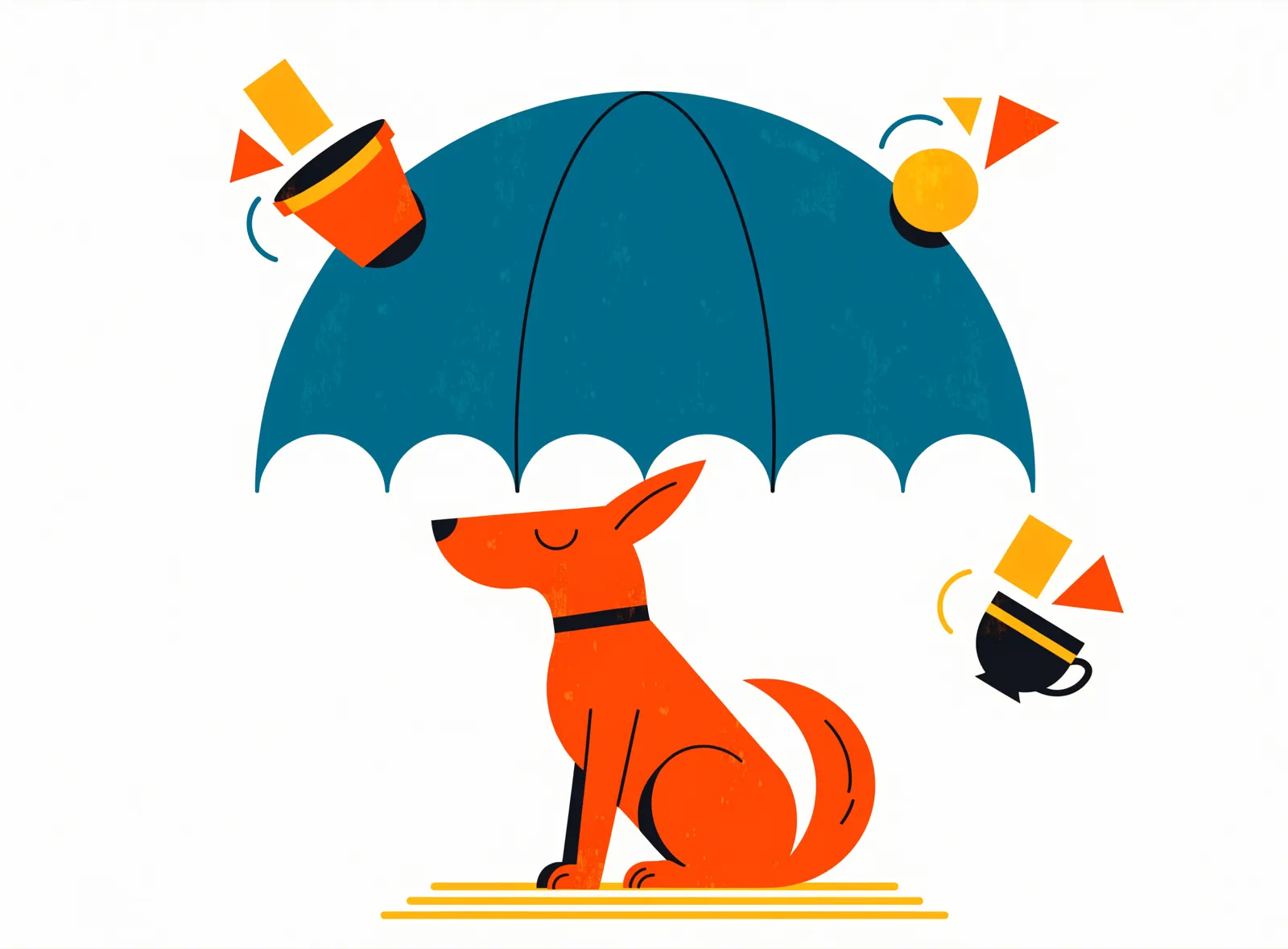 Illustration: Hund unter einem großen Regenschirm, von dem kleine Missgeschicke abprallen