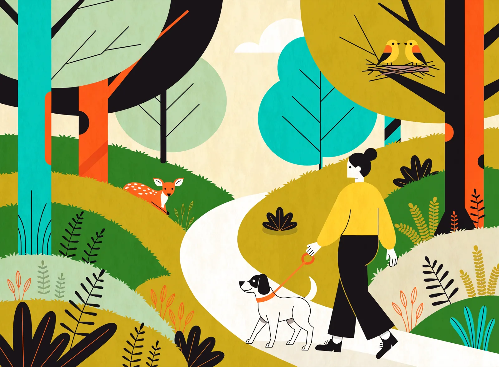Illustration: Spaziergängerin führt Hund an der Leine durch einen Frühlingswald, Rehkitz und Vogelnest am Wegrand